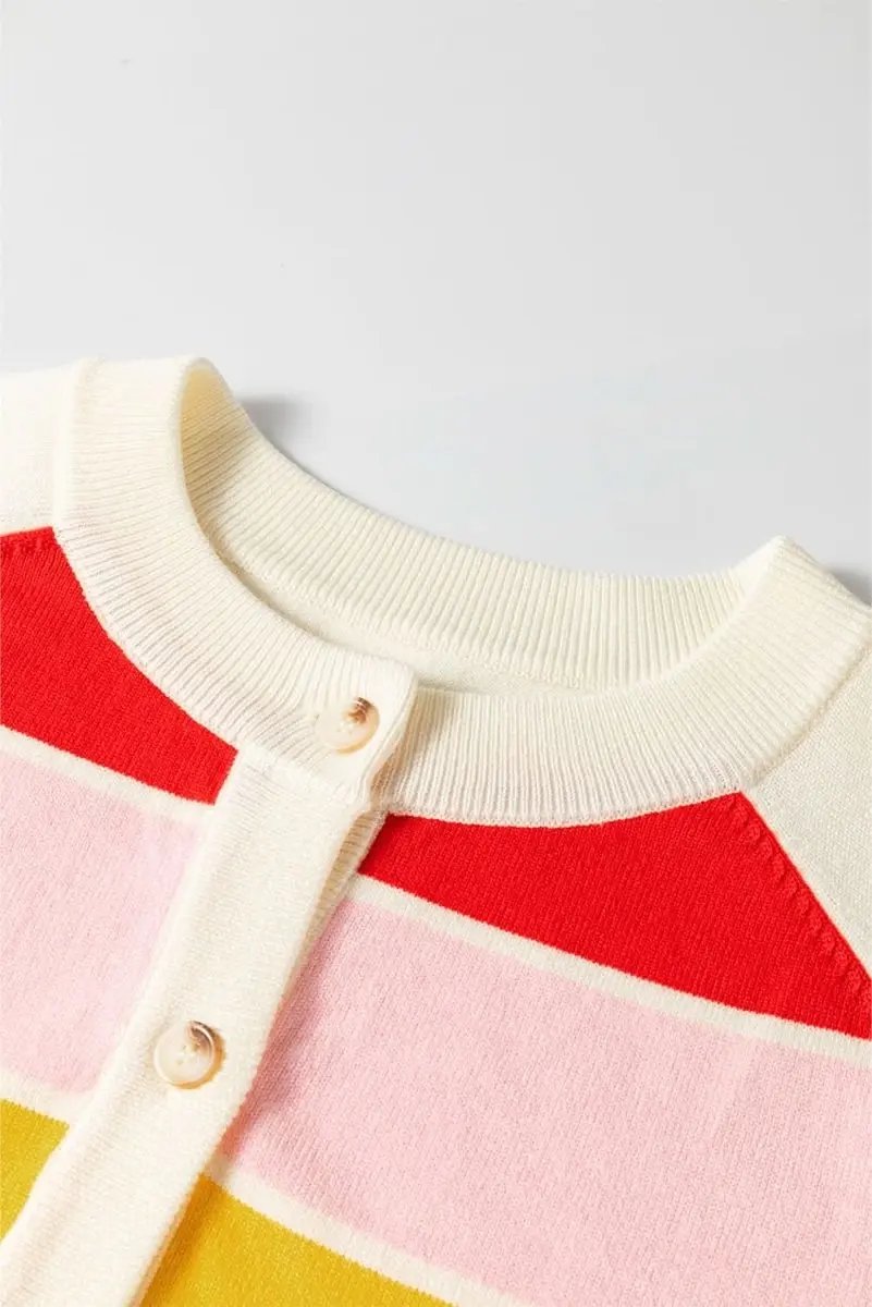 White Stripe Colorful Pattern Button Front Sweater Cardigan - Love Salve